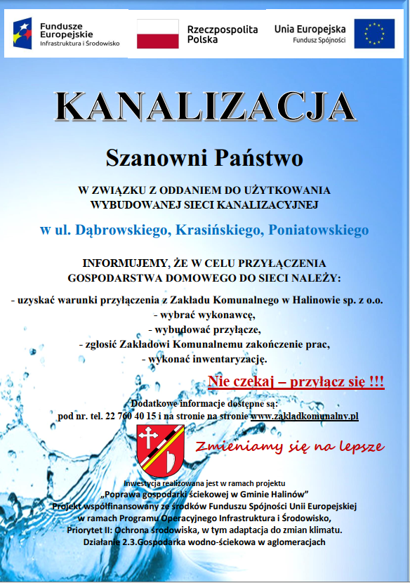 Informacja o wybudowanej sieci kanalizacyjnej w ulicach Dąbrowskiego, Krasińskiego i Poniatowskiego.